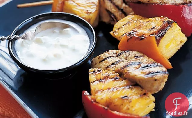 Brochettes de Dinde au Curry avec Raita au Concombre