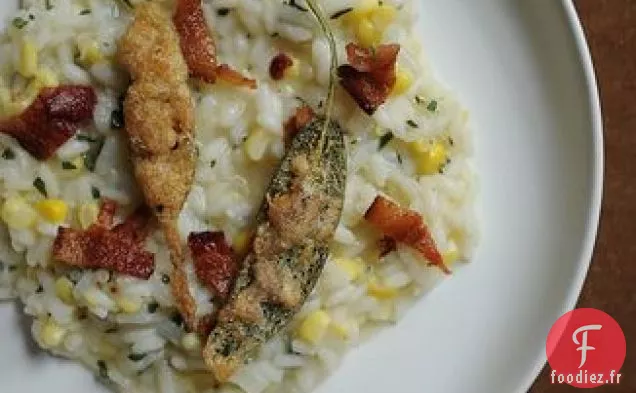 Risotto de Maïs Garni de Bacon et de Bouchée de Feuilles de Sauge d'Anchois