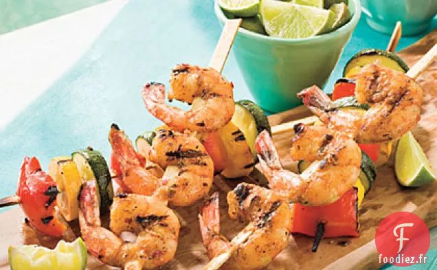 Crevettes Glacées Épicées et Brochettes de Légumes