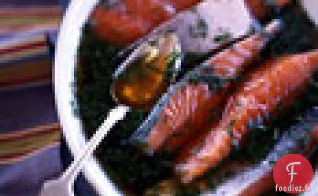 Saumon Saumuré Grillé et Aubergines avec Relish de Concombre au Fenouil