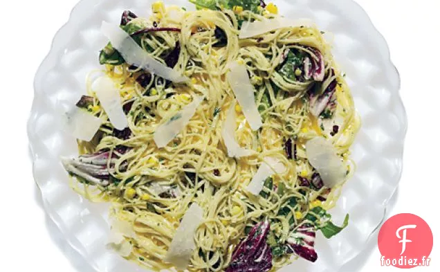 Capellini à la Ricotta Fraîche, Ail Rôti, Maïs et Herbes