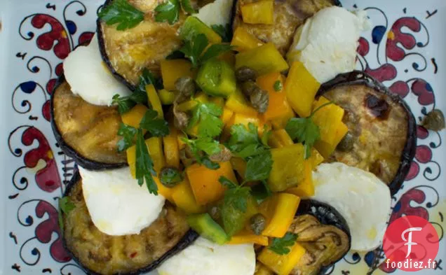 Aubergines Grillées, Mozzarella, Poivrons Jaunes et Câpres
