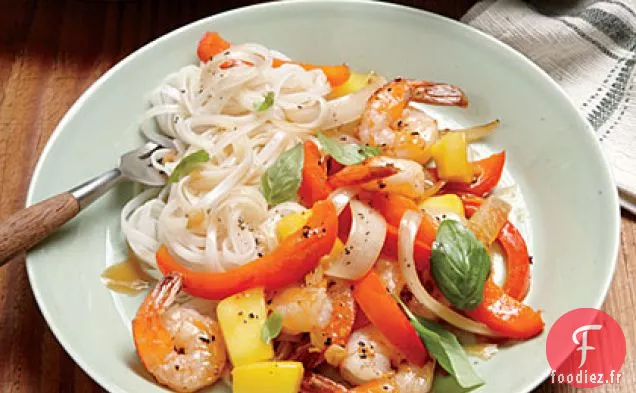 Sauté de Crevettes et Mangues et Nouilles de Riz