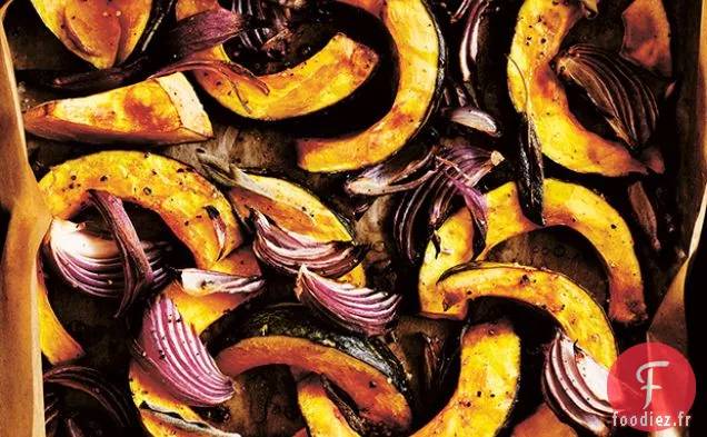 Citrouille au Four avec Citron, Légumes Verts Sautés et Vinaigrette au Cumin grillé
