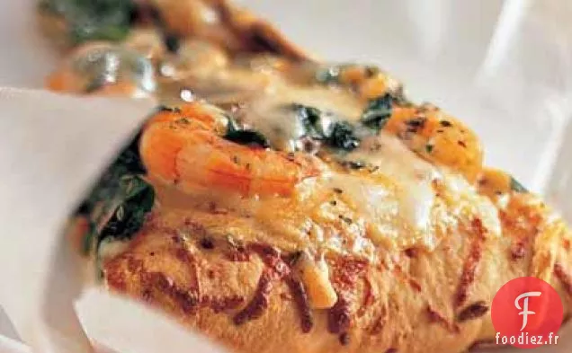 Pizza Bianca aux Crevettes, Épinards et Basilic