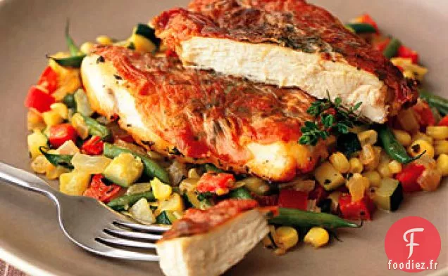 Poitrines de Poulet Sautées avec Jambon de Pays et Succotash d'été