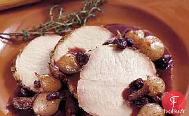Longe de Porc Saumurée avec Compote d'Oignons, de Raisins Secs et d'ail