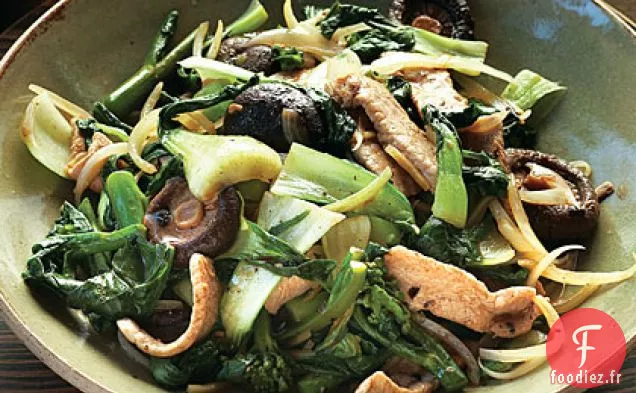 Légumes Verts Sautés au Porc, Shiitakes et Sauce aux Haricots Noirs