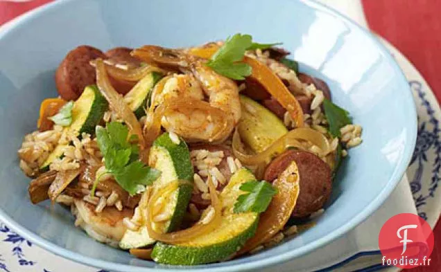 Saucisse Cajun, Poivrons et Oignons Sur du Riz Brun