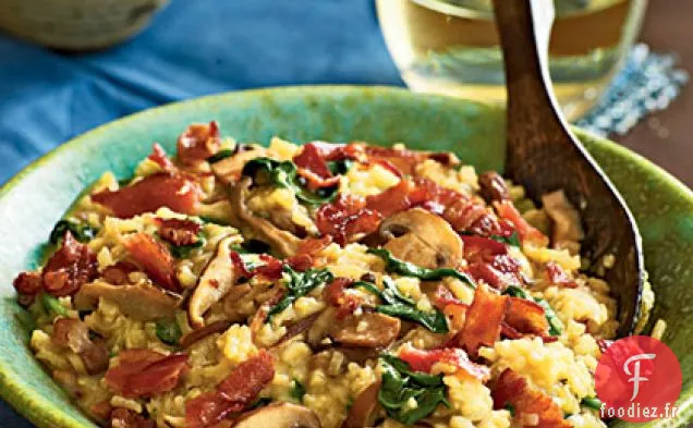 Risotto au Bacon et aux Champignons Sauvages avec des Bébés Épinards