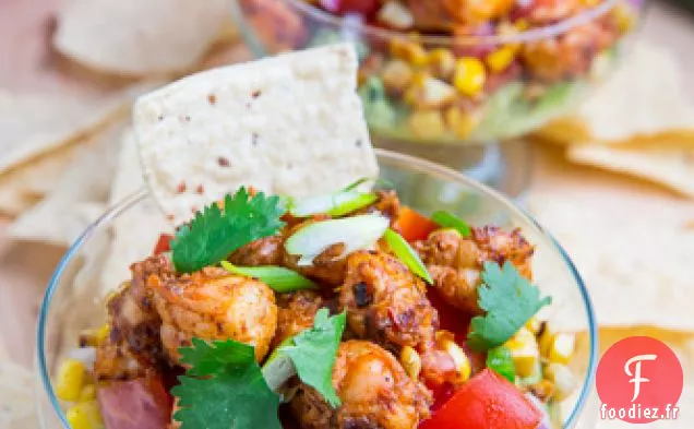 Crevettes Chipotle au Citron Vert et Trempette au Guacamole avec Tomates et Maïs carbonisé