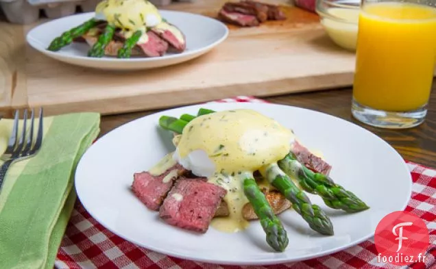 Steak et Œufs Bénédictine aux Asperges en Sauce Béarnaise