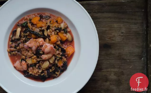 Risotto aux Épinards et Crevettes Tachetées avec Courge Musquée et Amandes