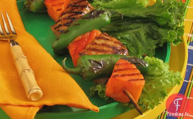 Brochettes de Porc Saumurées avec Glaçage à la Mélasse, Jalapenos et Papaye