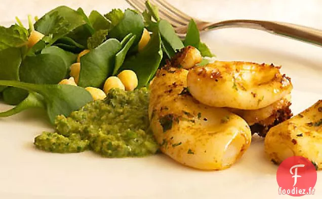 Calamars Grillés avec Salade de Laitue de Mineur & Menthe, Persil, Pesto d'Anchois