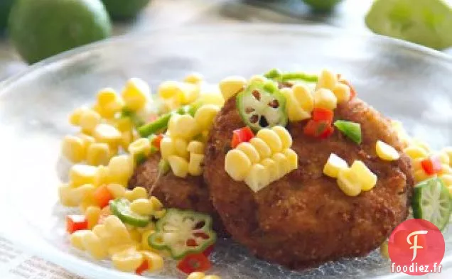 Galettes de Crabe Bleu avec Maïs Cru, Gombo et Succotash de Citron Vert