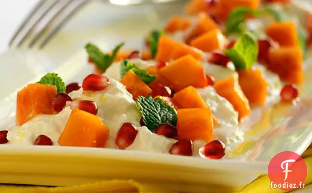 Burrata aux Kakis Fuyu, Grenade et Menthe