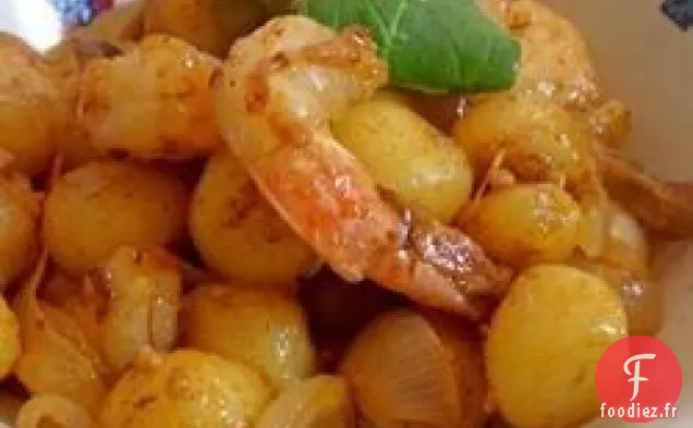 Crevettes au Safran Crémeuses aux Gnocchis et Oignon Caramélisé