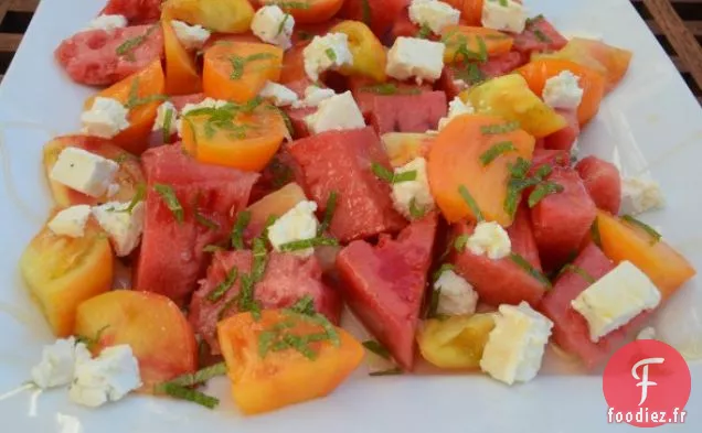 Salade De Pastèque Et De Tomates À La Feta Et À La Menthe