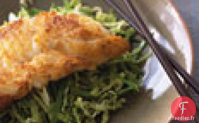 Morue sautée sur Pois Mange-tout et Chou avec Vinaigrette au Miso Sésame