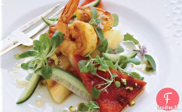 Salade de Crevettes au Curry avec Pastèque grillée