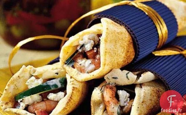 Gyros de Crevettes Grillées avec Tartinade de Yogourt aux Herbes