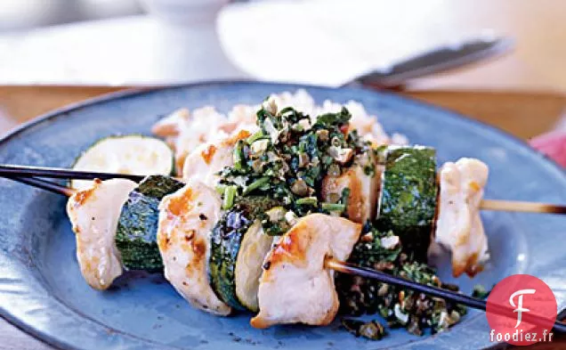 Spiedini de Poulet et Courgettes avec Salsa Verde aux Amandes
