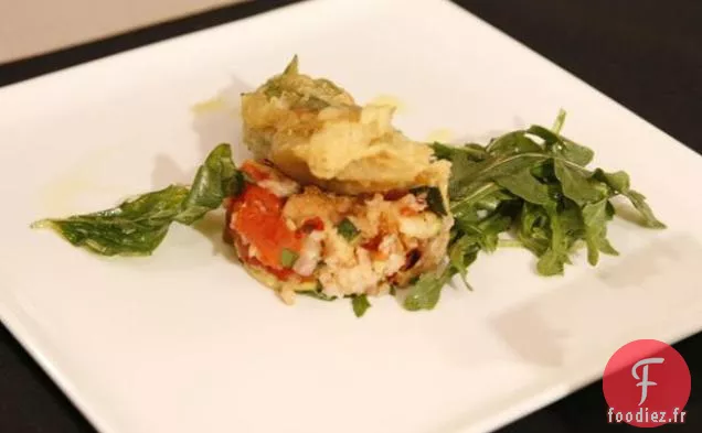 Fleurs de Courgettes Frites avec Panzanella de Légumes Grillés et Salade de Roquette