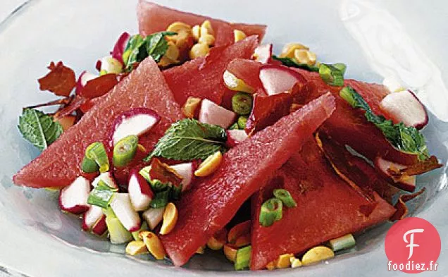 Salade de Pastèque à la Menthe et Prosciutto Croustillant