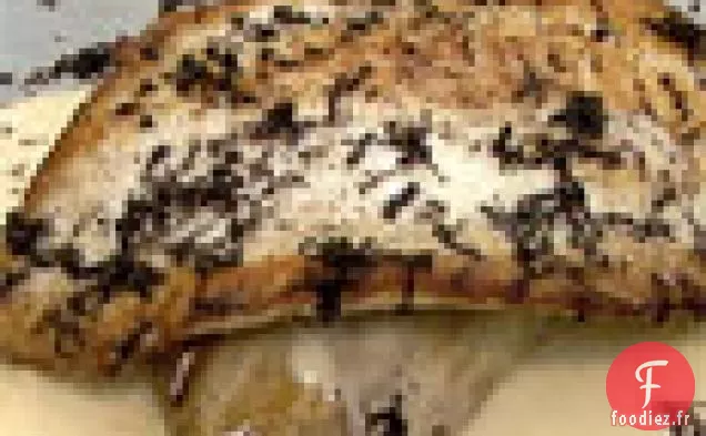 Turbot Sauté avec Endive Braisée, Flan de Céleri-Rave, Truffes Noires et Nage à l'Ail