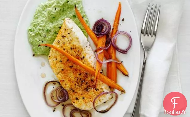 Flétan Grillé avec Purée de Pois Ricotta