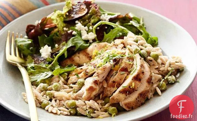 Orzo Crémeux au Citron et au Poivre avec Salade de Poulet et de Figues