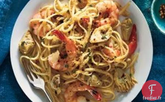 Linguine Aux Crevettes, Artichauts Et Chapelure Croustillante