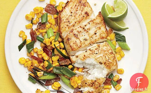Flétan avec Sauté de Maïs Bacony