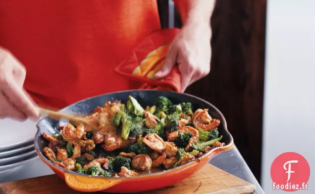 Crevettes et Brocoli Sauce Caramel au Miel et Noix