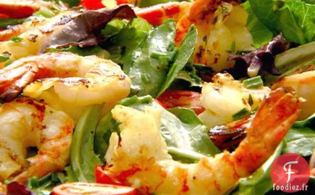 Crevettes Grillées aux Agrumes sur des légumes verts