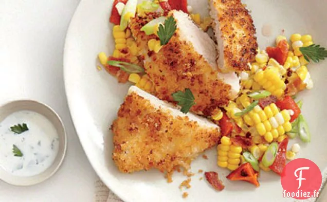 Panko - Poulet en Croûte avec Hachis de Maïs Rôti et Vinaigrette au Babeurre
