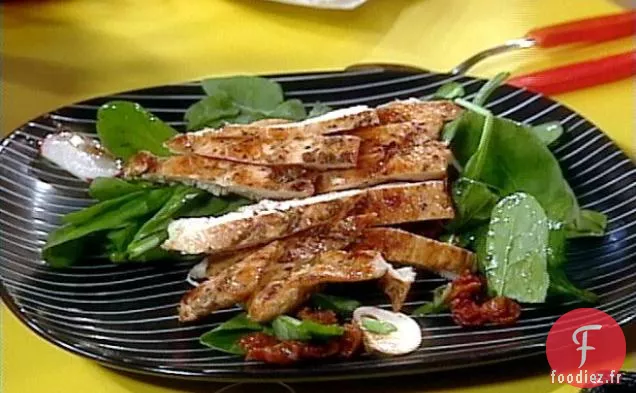 Escalope de Poulet Balsamique sur Salade d'Épinards aux Champignons, Bacon et Vinaigrette Chaude à l'Échalote