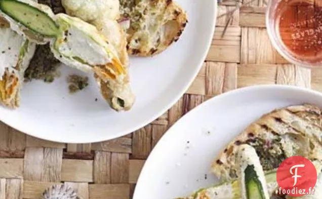 Fleurs de Courgettes farcies à la Ricotta, Tapenade d'Olives Vertes et Grille