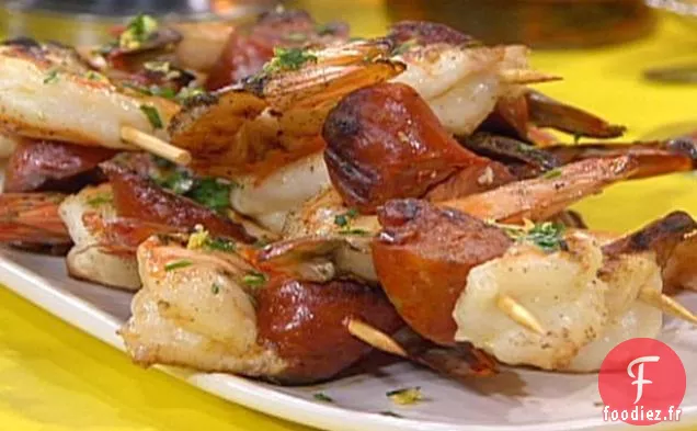 Brochettes de Crevettes grillées et de Chorizo au Gaspacho Piquillo