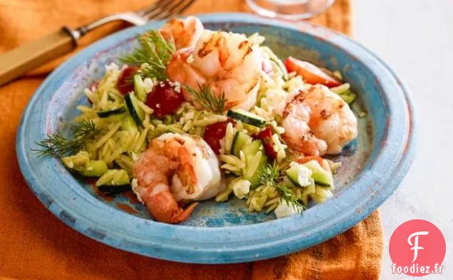 Salade d'Orzo Grec et Crevettes Grillées à la Vinaigrette Moutarde-Aneth