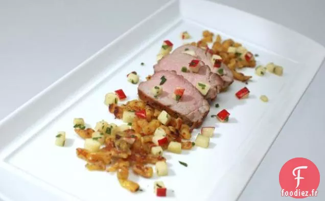 Filet de Porc Rôti à la Poêle avec Spaetzle à la Moutarde et Salsa à la Coriandre aux Pommes
