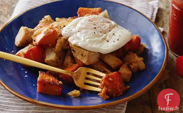 Œufs Pochés avec Poitrine de Dinde Rôtie aux Herbes et Hachis de Patate Douce