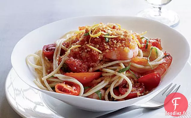 Spaghettini aux Crevettes, Tomates et Chapelure de Chili
