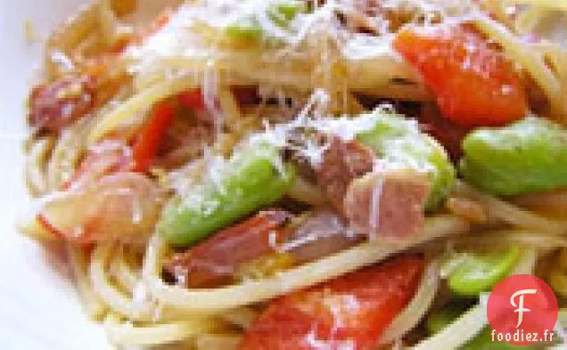 Dîner ce soir: Pâtes aux Fèves, Poivron Rouge et Bacon