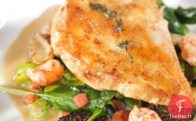 Poitrines de Poulet Rôties aux Écrevisses, Fèves et Morilles