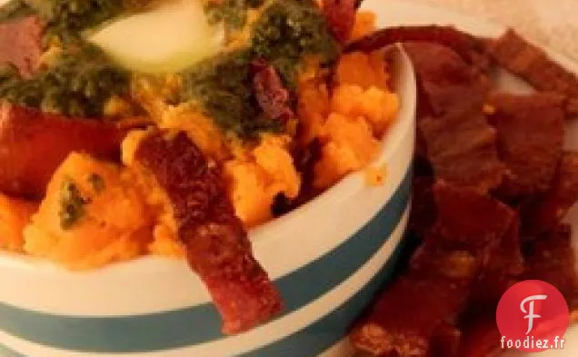 Purée de Patates Douces au Pesto au Basilic et au Bacon