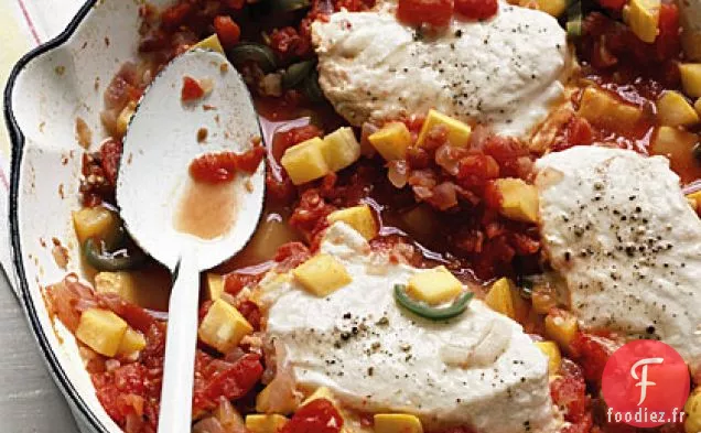 Flétan à la Courge Épicée et aux Tomates