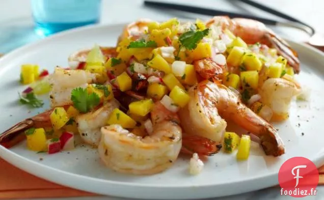 Crevettes grillées avec Salsa de Mangue, Citron Vert et Radis