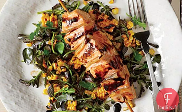 Saumon au Gingembre avec Salade de Maïs Grillé et Cresson